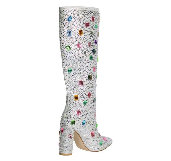 Women Fashion Silver Colorful Gem Ankle/Knee High Boots