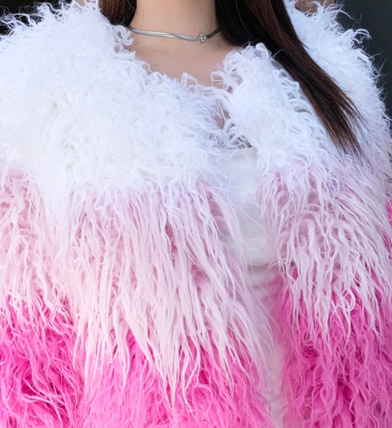 Women Fashion Pink Gradient Faux Fur Jacket