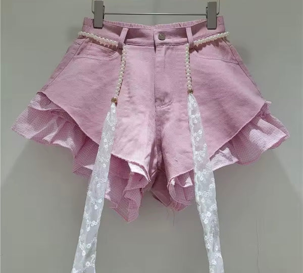 Women Fashion Plaid Ruffle Color Denim Shorts