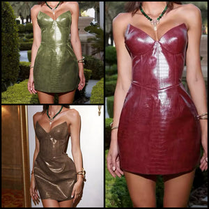 Women Sexy Strapless Color Faux Leather Short Dress