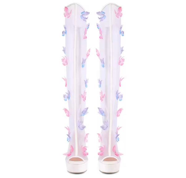 Women White Open Toe Color Butterfly Mesh Knee High Boots