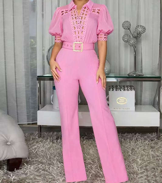 Women Collar Short Sleeve Belted Fashion Jumpsuit