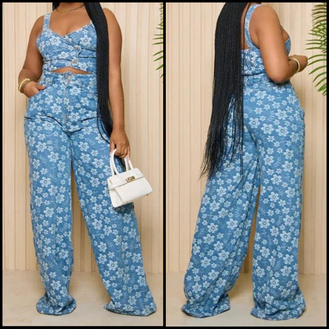 Women Printed Sleeveless Fashion Denim Two Piece Pant Set