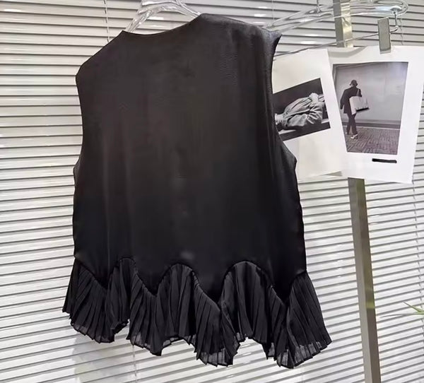Women Black Button Up Ruffled Sleeveless Two Piece Pant Set