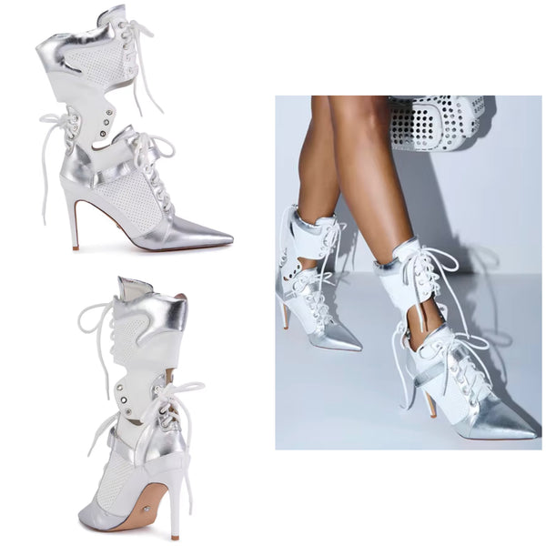 Women Pointed Toe Color Patchwork Lace Up Fashion Boots