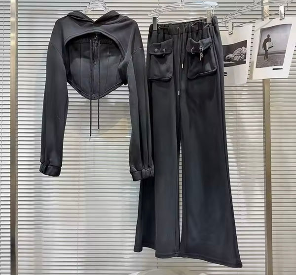 Women Black Fashion Zip Up Hooded Three Piece Pant Set