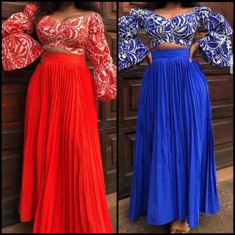Women Fashion Printed Full Sleeve Two Piece Pleated Maxi Skirt Set