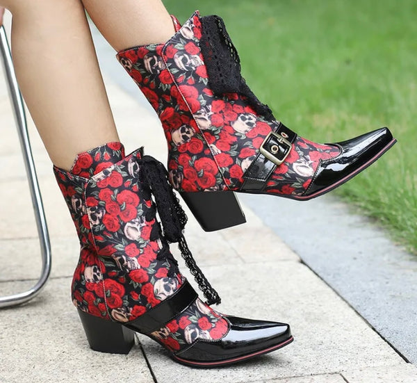 Women Fashion Printed Lace Up Ankle Western Boots