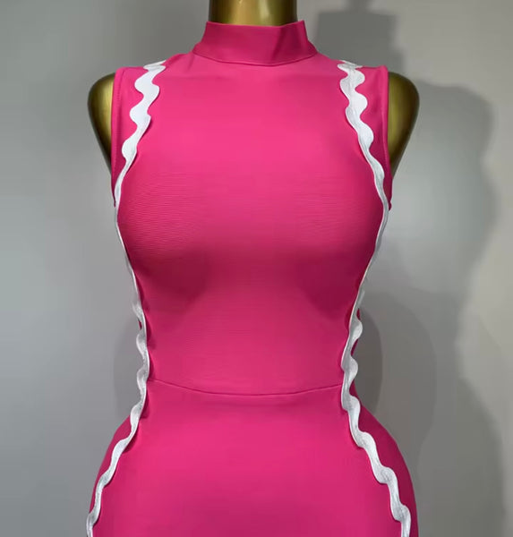 Women Sexy Pink Sleeveless Striped Asymmetrical Maxi Dress