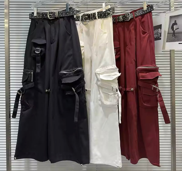 Women Fashion Solid Color Cargo Wide Leg Pants