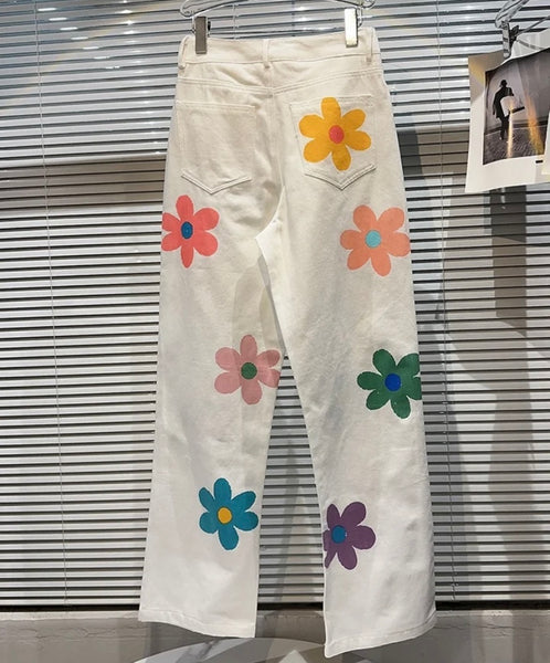 Women White Floral Fashion Denim Pants