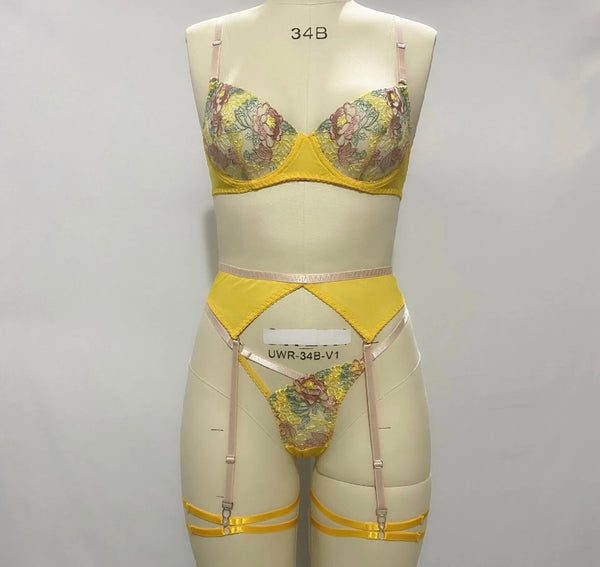 Women Sexy Yellow Floral Lingerie Set