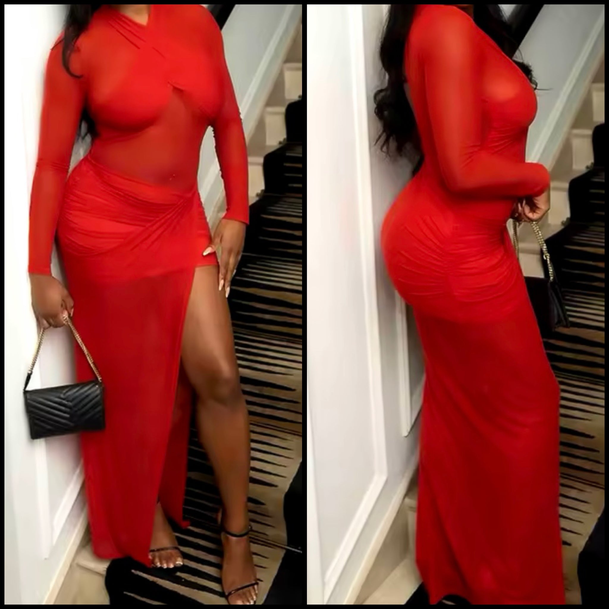 Women Sexy Red Mesh Full Sleeve Side Split Maxi Dress