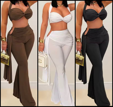 Women Sexy Halter Sleeveless Metal Cut Out Two Piece Wrap Pant Set
