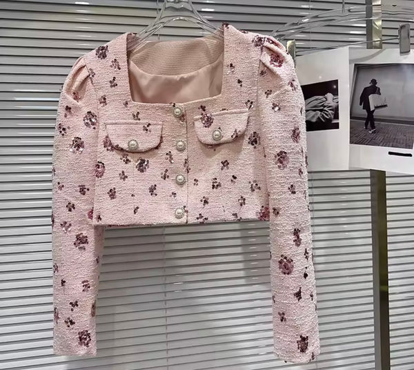Women Pink Printed Sequins Full Sleeve Two Piece Skirt Set