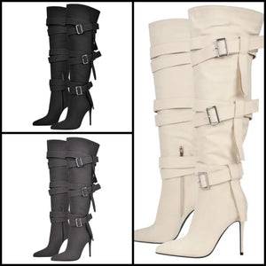 Women Buckled High Heel Fashion Knee High Boots