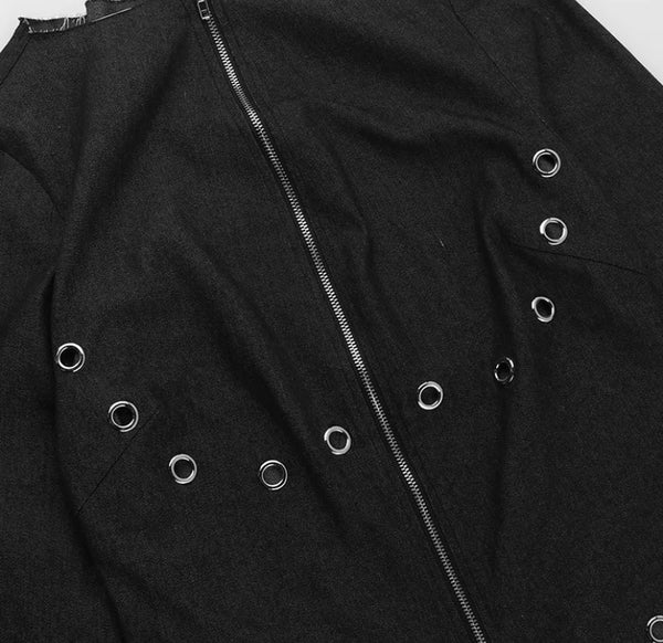 Women Sexy Black Zip Up Rivet Full Sleeve Dress