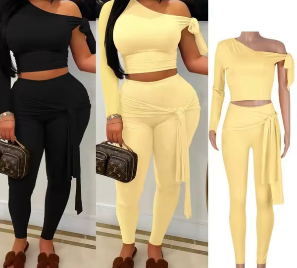 Women Solid Color Tie Up One Shoulder Two Piece Pant Set
