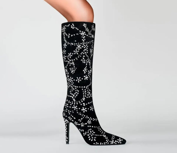 Women Fashion Black Suede Bling Knee High Boots