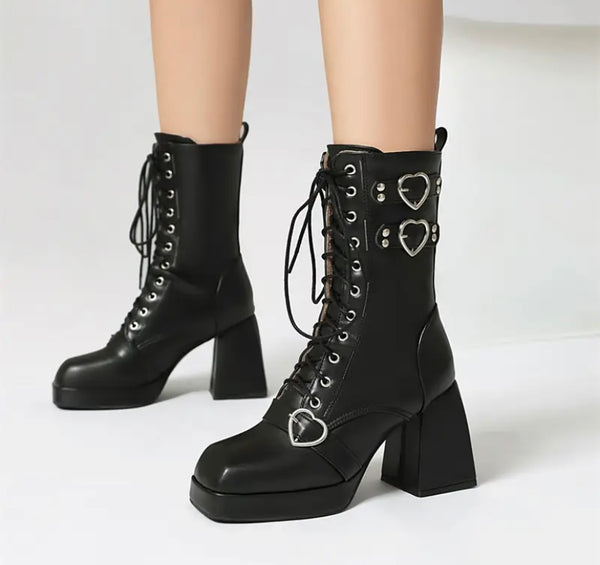 Women Fashion Heart Lace Up Platform Ankle Boots