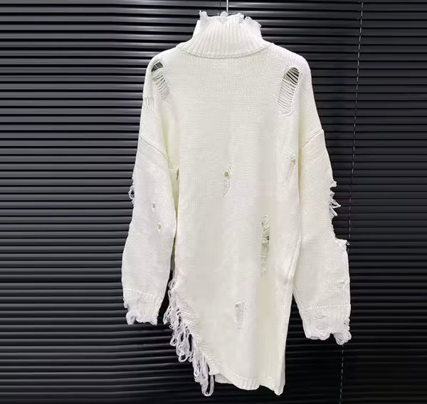 Women Turtleneck Ripped Safety Pin Asymmetrical Zip Up Sweater Top