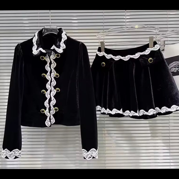 Women B&W Lace Button Up Fashion Two Piece Pleated Skirt Set