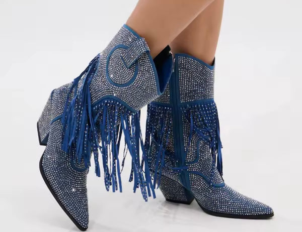 Women Fashion Blue Bling Rhinestone Tassel Ankle Western Boots