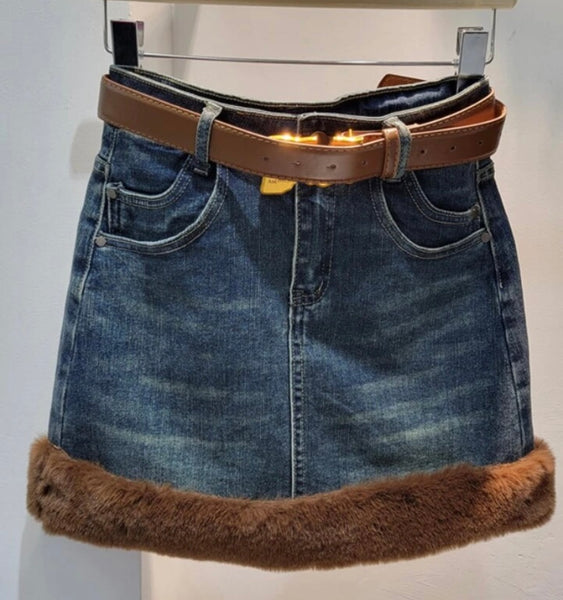 Women Faux Fur Patchwork Fashion Denim Skirt