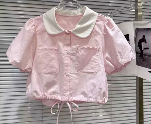 Women Collar Button Up Short Sleeve Sexy Two Piece Skirt Set