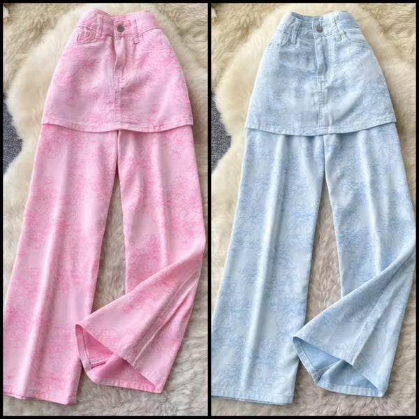 Women Fashion Color Floral Print Denim Wrap Pants