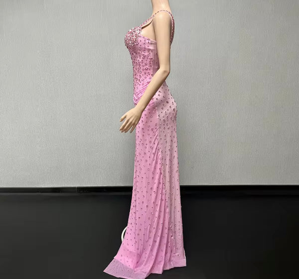 Women Sexy Sleeveless Pink Crystal Rhinestone Maxi Dress