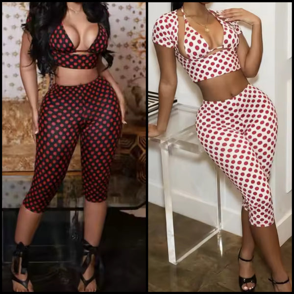 Women Sexy Fashion Polka Dot Crop Three Piece Capri Pant Set