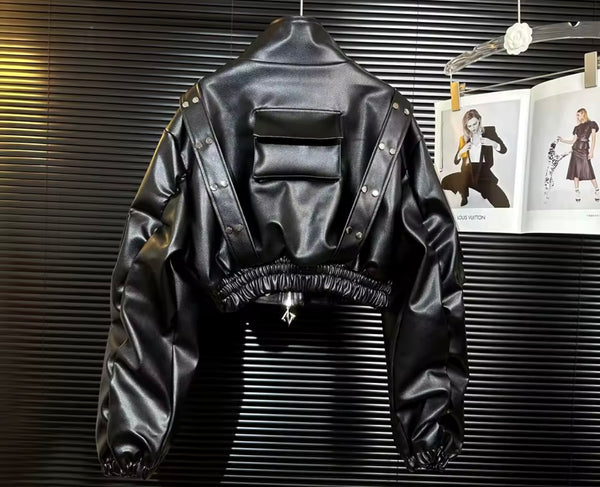 Women Fashion Rivet Faux Leather Jacket