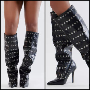 Women Fashion Black Rivet Faux Leather Knee High Boots