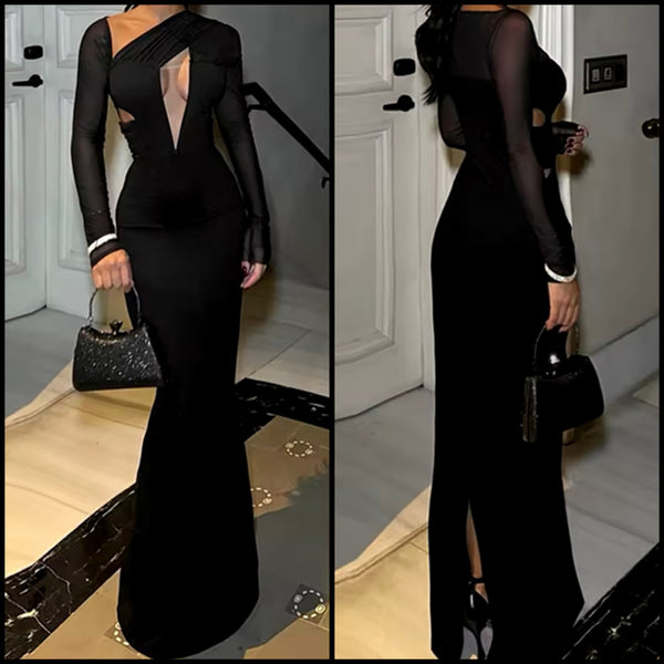 Women Sexy Black Cut Out Full Sleeve Maxi Dress