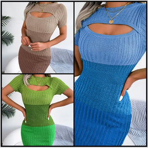 Women Sexy Cut Out Short Sleeve Gradient Ribbed Dress