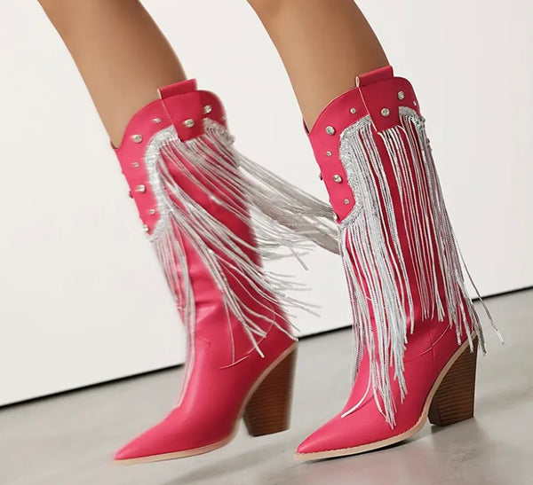 Women Fashion Bling Tassel Western Boots
