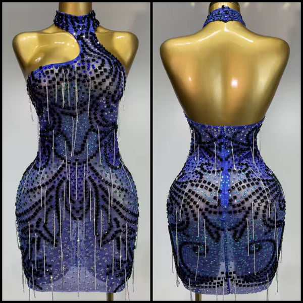 Women Sexy Blue Rhinestone Halter Sleeveless Mesh Dress