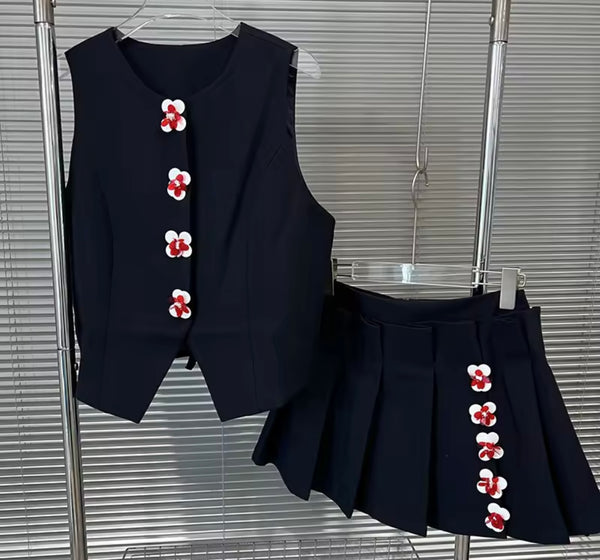 Women Sleeveless Floral Button Up Two Piece Pleated Skirt Set