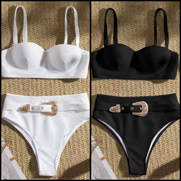 Women Sexy Fashion Ribbed Buckle Bikini Swimsuit