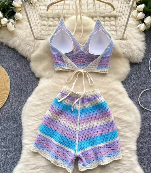 Women Fashion Multicolored Knitted Two Piece Short Set