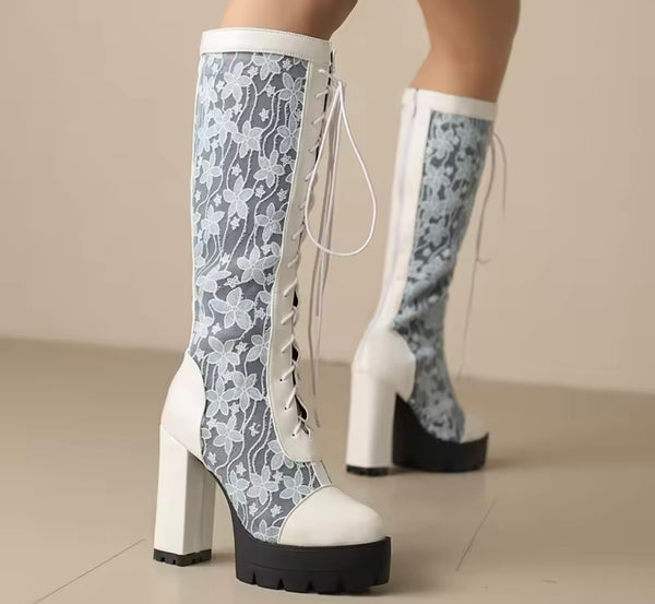 Women Fashion Color Floral Mesh Lace Up Platform Knee High Boots