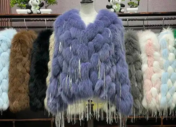 Women Fashion Faux Fur Bling Tassel Jacket