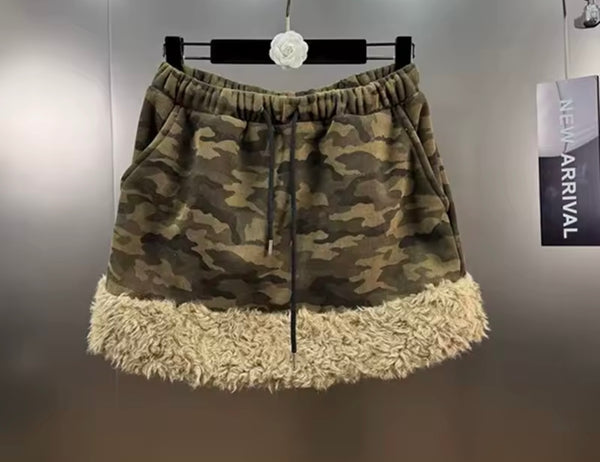 Women Camouflage Faux Fur Patchwork Two Piece Skirt Set