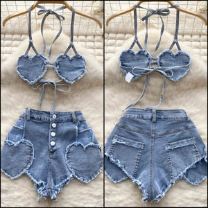 Women Sexy Ripped Heart Halter Denim Two Piece Short Set