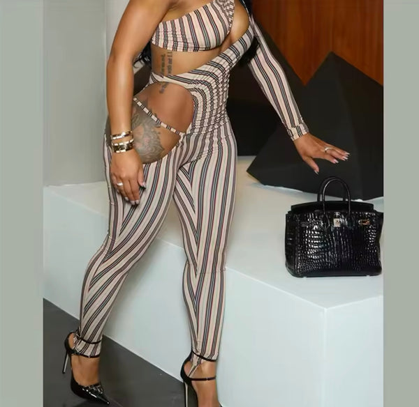 Women Sexy Striped One Shoulder Full Sleeve Cut Out Jumpsuit