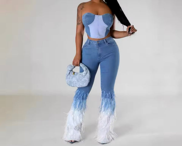 Women Sexy Strapless Denim Two Piece Feather Pant Set