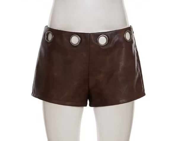 Women Brown Fashion Faux Leather Metal Ring Shorts