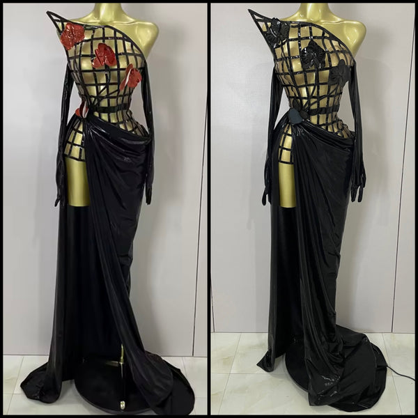 Women Sexy Strapless Glove 3D Floral Two Piece Maxi Skirt Set