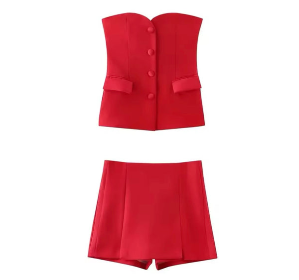 Women Sexy Strapless Button Up Two Piece Wrap Short Set